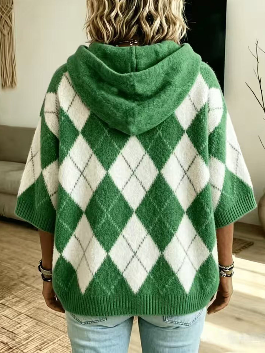 Women's Argyle 3/4 Sleeve Drawstring Hooded Knit Sweater