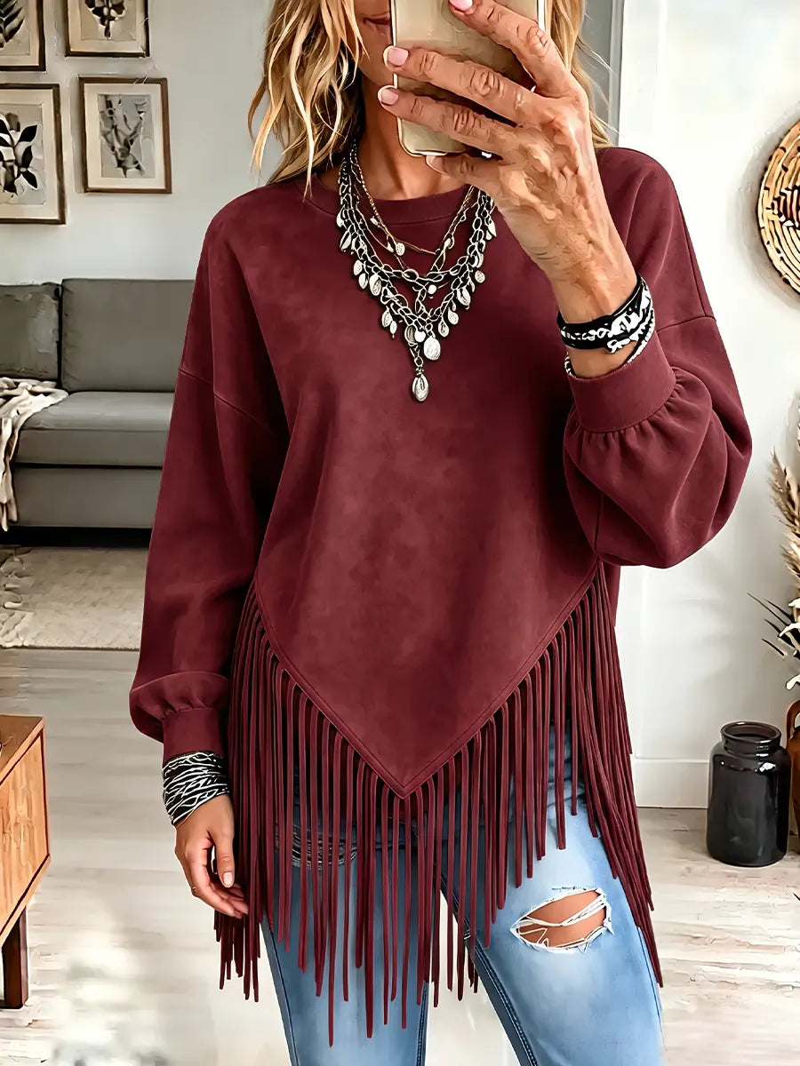 Vintage Elegant Round Neck Patchwork Tassel Suede Shirt