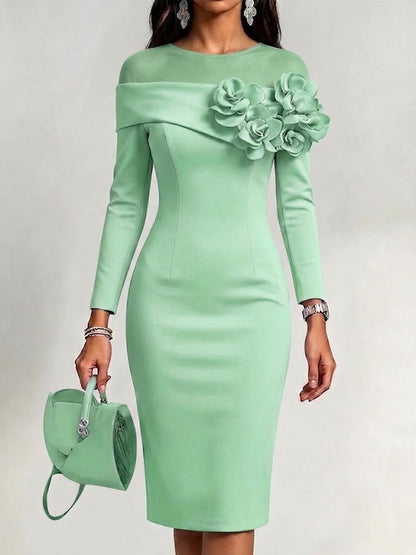 Solid-color, Slim-fit Dress With A Round Neck And 3d Floral Embellishment On The Side