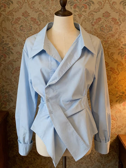 Chic Asymmetric Wrap-style Cotton Shirt