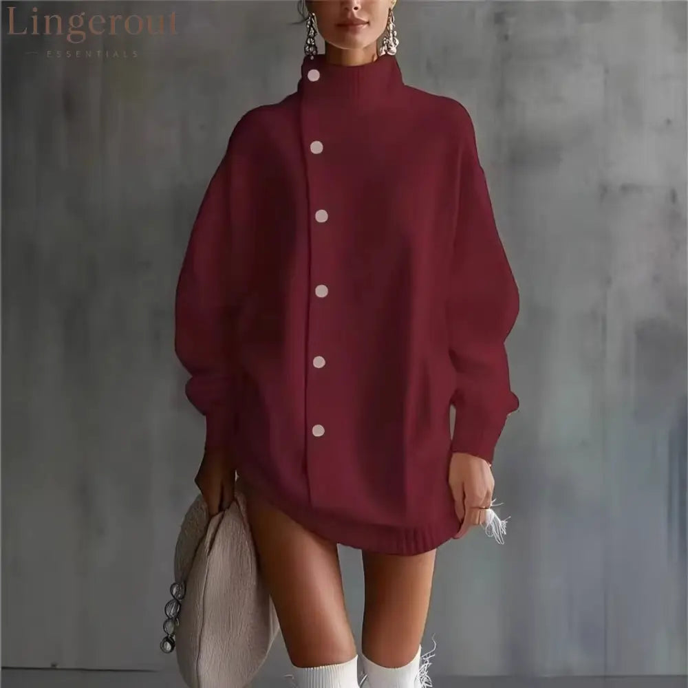 Oversized Asymmetric Button Turtleneck Knit Mini Dress