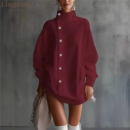 Oversized Asymmetric Button Turtleneck Knit Mini Dress