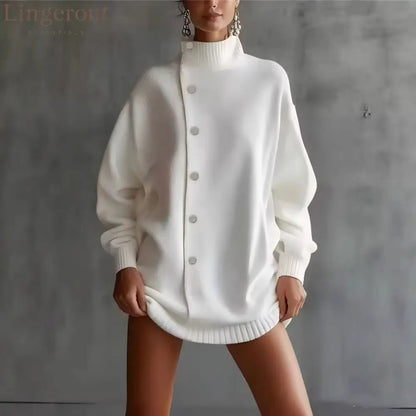 Oversized Asymmetric Button Turtleneck Knit Mini Dress