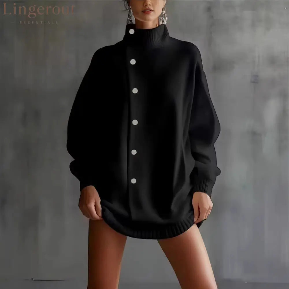 Oversized Asymmetric Button Turtleneck Knit Mini Dress