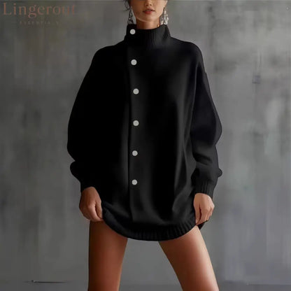 Oversized Asymmetric Button Turtleneck Knit Mini Dress
