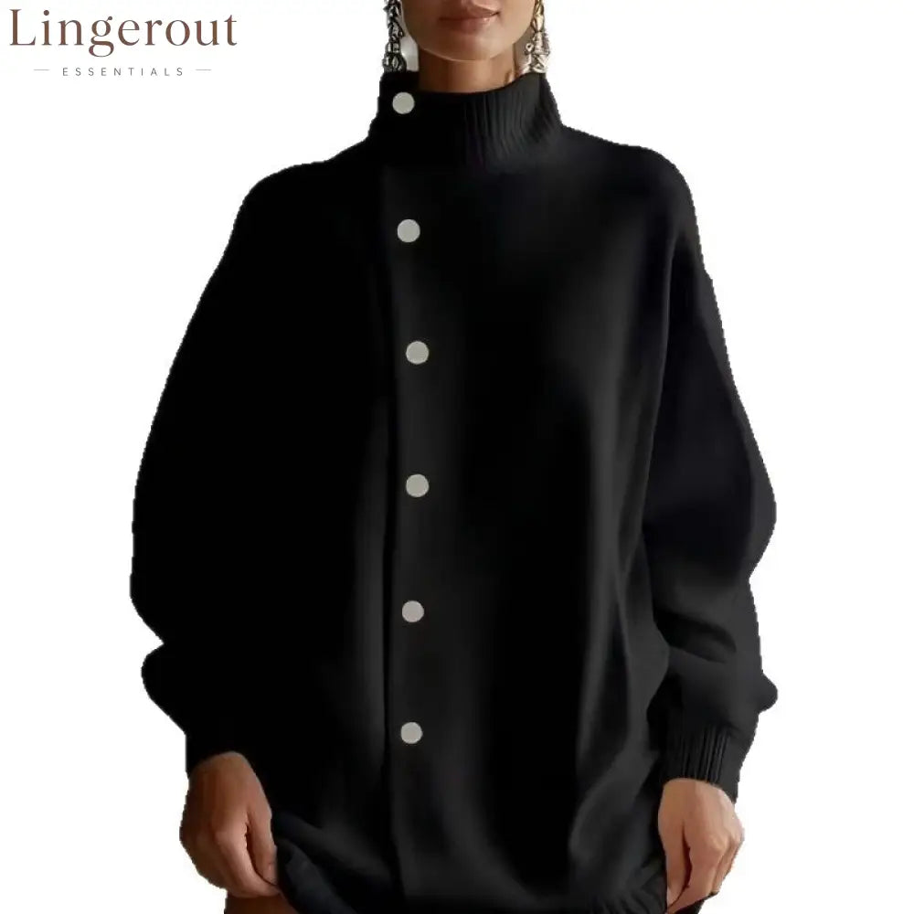 Oversized Asymmetric Button Turtleneck Knit Mini Dress