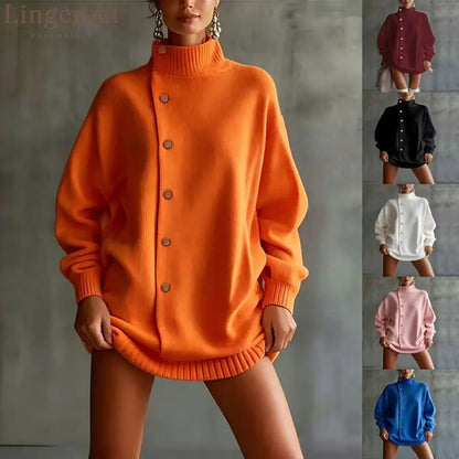 Oversized Asymmetric Button Turtleneck Knit Mini Dress