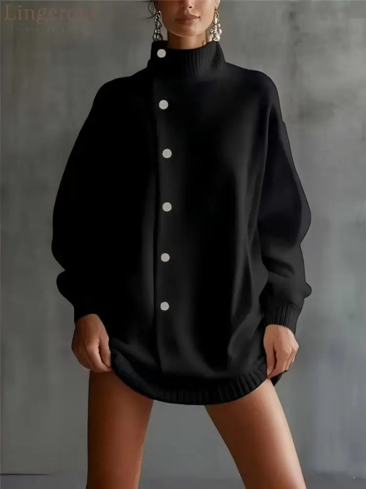 Oversized Asymmetric Button Turtleneck Knit Mini Dress - black / S