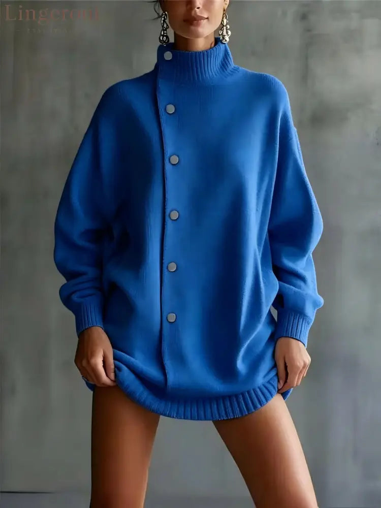 Oversized Asymmetric Button Turtleneck Knit Mini Dress - Blue / S