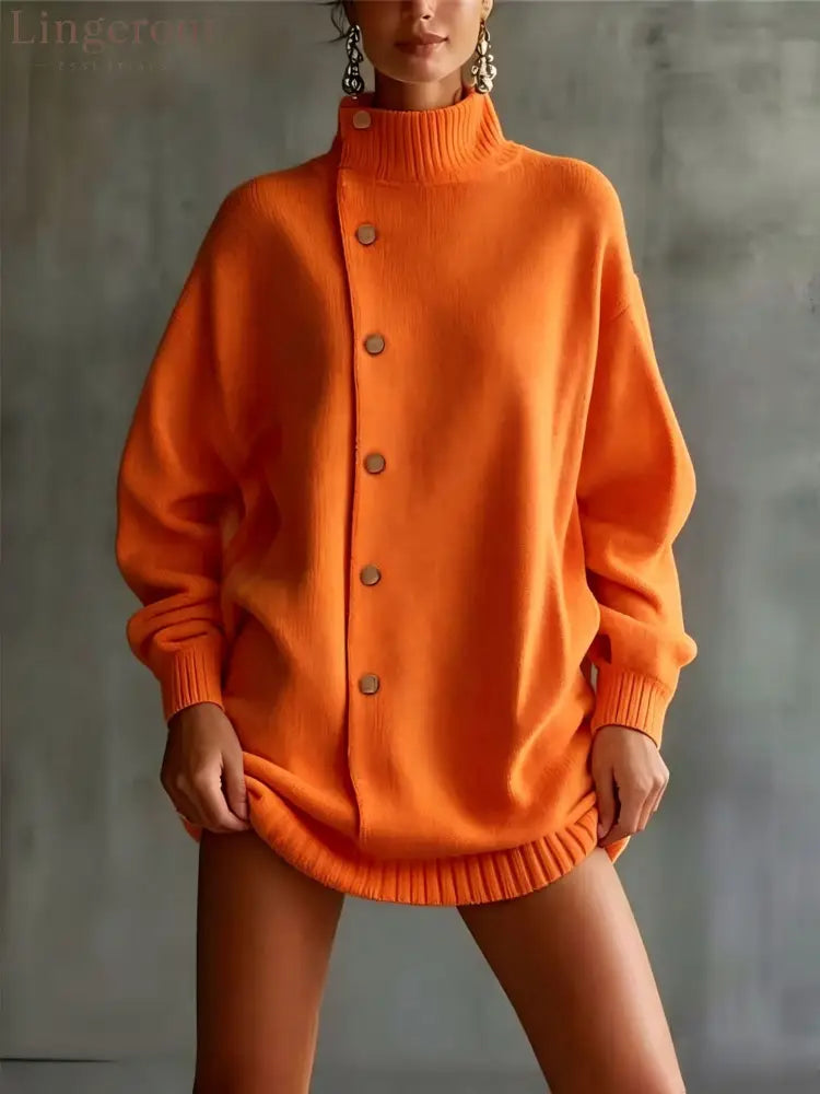 Oversized Asymmetric Button Turtleneck Knit Mini Dress - Orange / S