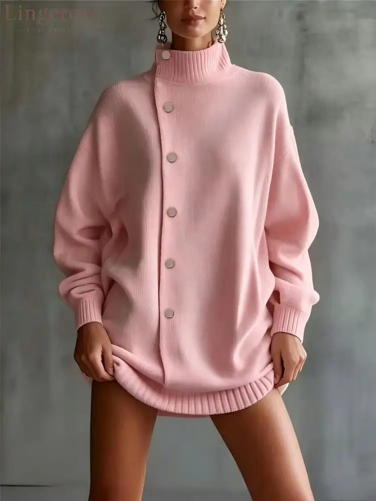 Oversized Asymmetric Button Turtleneck Knit Mini Dress - Pink / S