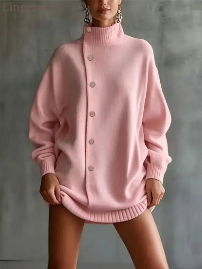 Oversized Asymmetric Button Turtleneck Knit Mini Dress - Pink / S