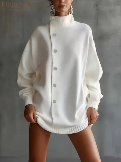 Oversized Asymmetric Button Turtleneck Knit Mini Dress - White / S
