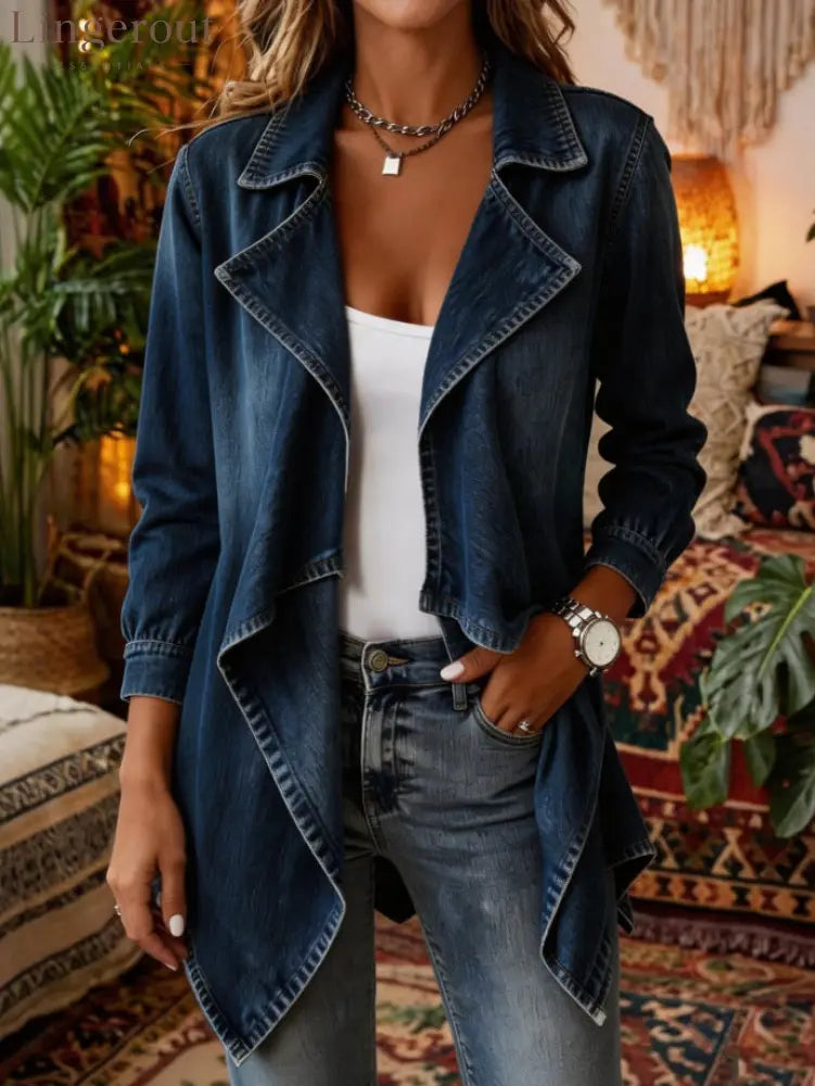 Oversized Asymmetric Denim Jacket - Dark blue / S