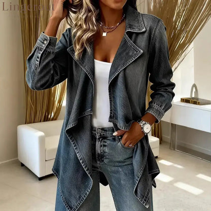 Oversized Asymmetric Denim Jacket - Dark gray / S