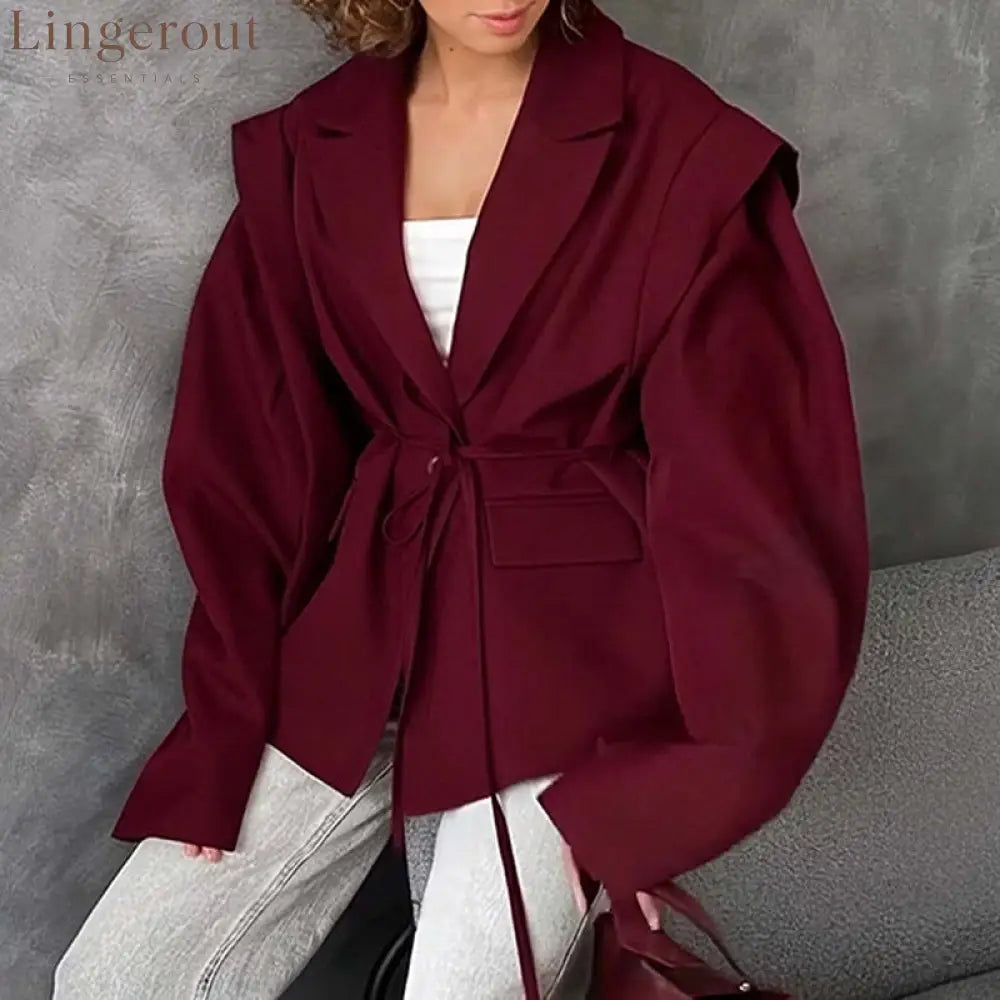 Oversized belted blazer with puff sleeves – Modern and sophisticated elegance - Burgundy / S