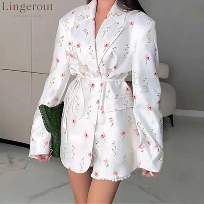 Oversized belted blazer with puff sleeves – Modern and sophisticated elegance - White Floral / S