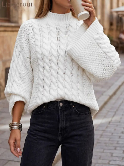 Oversized Cable Knit Mock Neck Sweater | Bell Long Sleeve Cozy Pullover