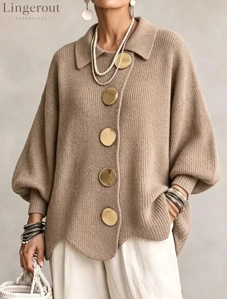 Oversized Collared Knit Cardigan With Large Metal Buttons - Khaki / S