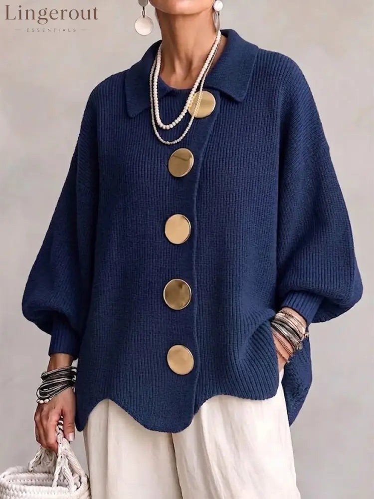 Oversized Collared Knit Cardigan With Large Metal Buttons - Navy blue / S