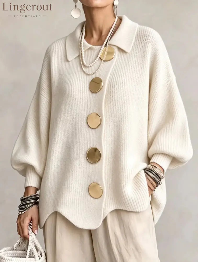 Oversized Collared Knit Cardigan With Large Metal Buttons - Off‑white / S