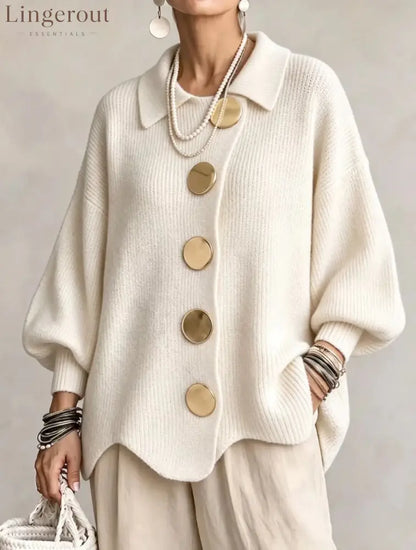 Oversized Collared Knit Cardigan With Large Metal Buttons - Off‑white / S