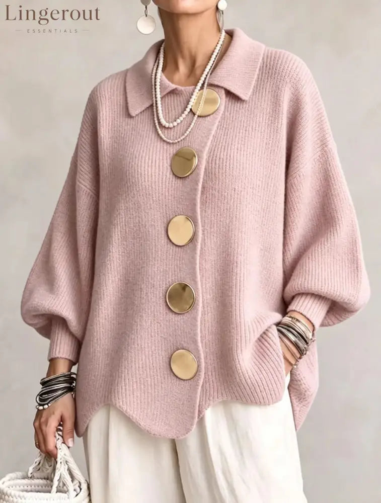 Oversized Collared Knit Cardigan With Large Metal Buttons - Pink / S
