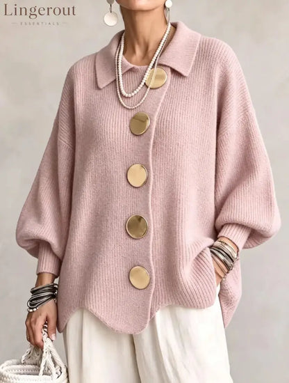Oversized Collared Knit Cardigan With Large Metal Buttons - Pink / S