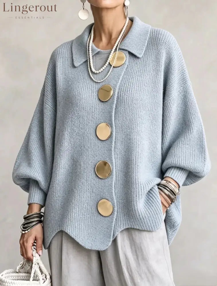 Oversized Collared Knit Cardigan With Large Metal Buttons - Sky blue / S