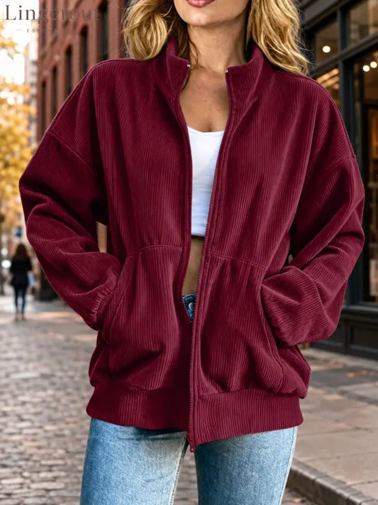 Oversized Corduroy Zip‑Up Jacket Women Stand Collar Casual Outerwear Coat