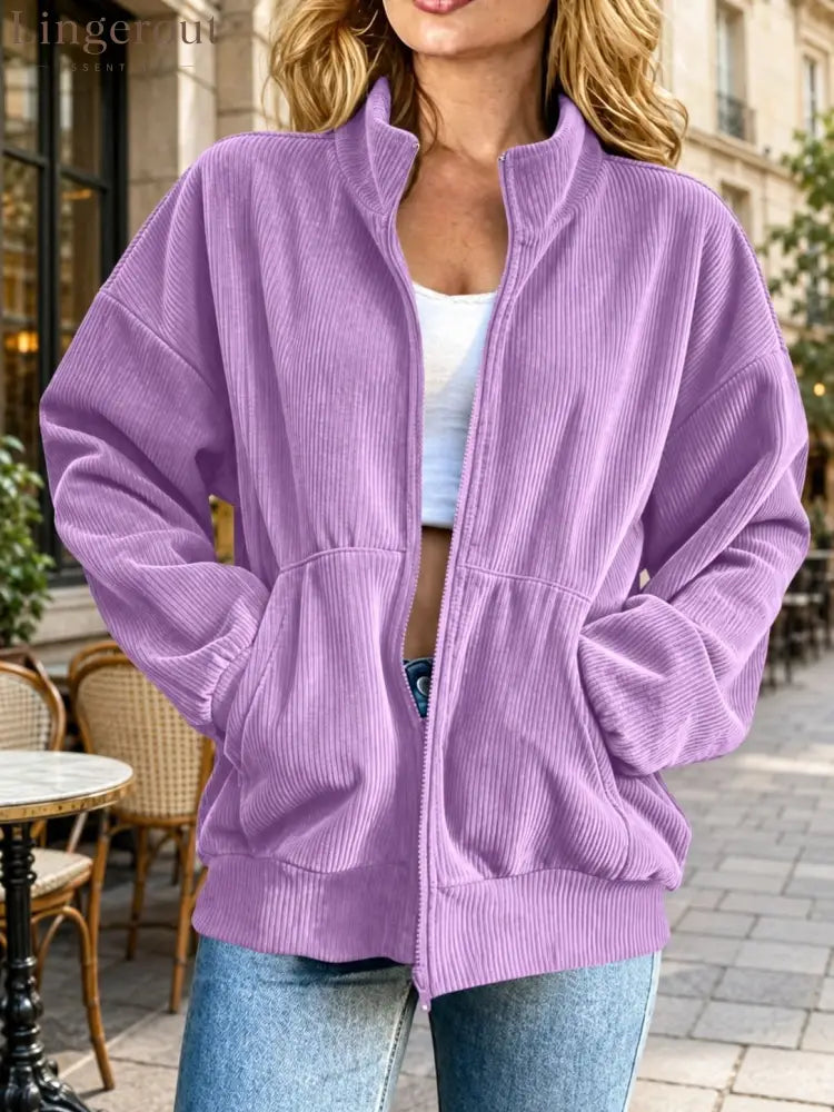 Oversized Corduroy Zip‑Up Jacket Women Stand Collar Casual Outerwear Coat - Purple / S