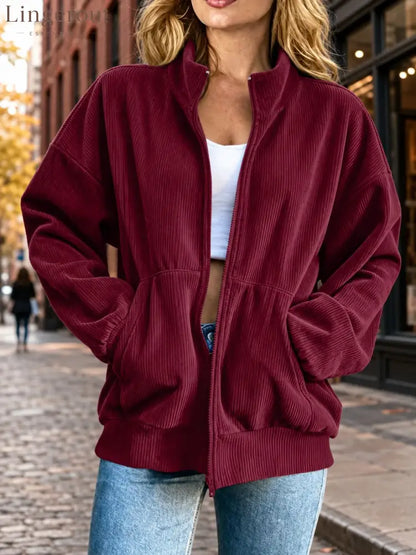 Oversized Corduroy Zip‑Up Jacket Women Stand Collar Casual Outerwear Coat - Red / S