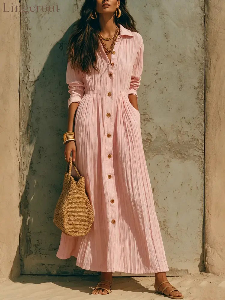 Oversized Crinkled Button Down Shirt Maxi Dress - Pink / S