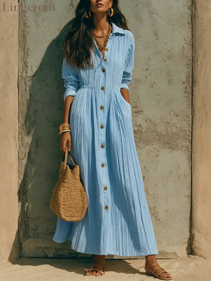 Oversized Crinkled Button Down Shirt Maxi Dress - Sky blue / S