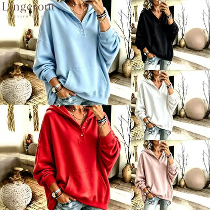Oversized Half Button Henley Hoodie With Front Kangaroo Pocket