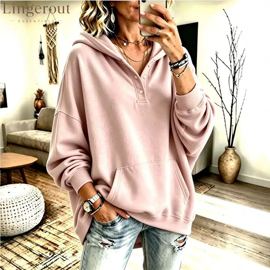 Oversized Half Button Henley Hoodie With Front Kangaroo Pocket