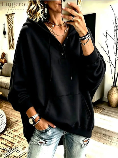 Oversized Half Button Henley Hoodie With Front Kangaroo Pocket - Black / S