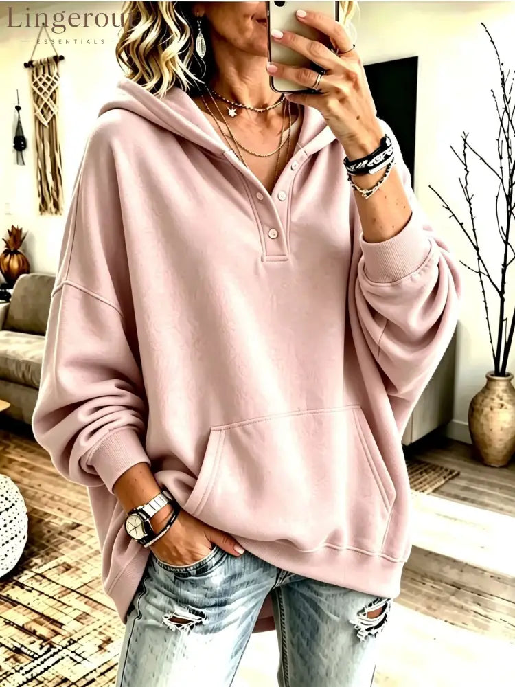 Oversized Half Button Henley Hoodie With Front Kangaroo Pocket - Pink / S