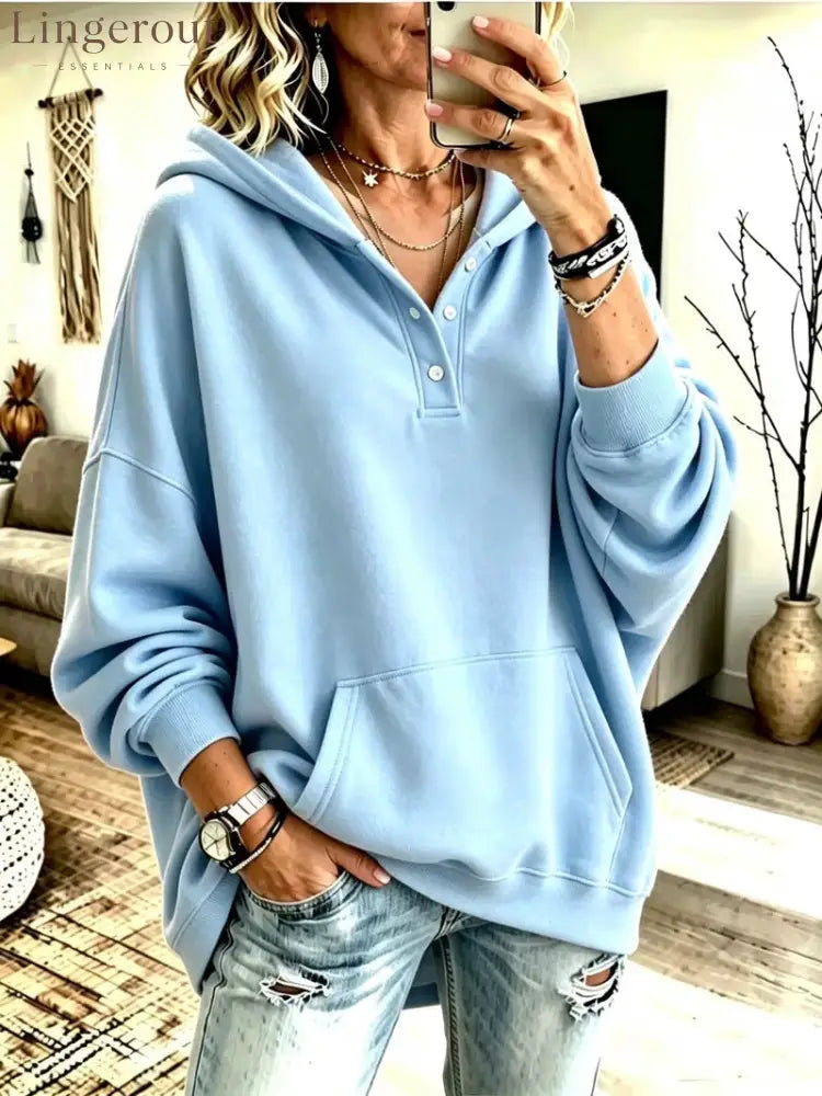 Oversized Half Button Henley Hoodie With Front Kangaroo Pocket - Sky blue / S