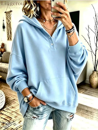 Oversized Half Button Henley Hoodie With Front Kangaroo Pocket - Sky blue / S