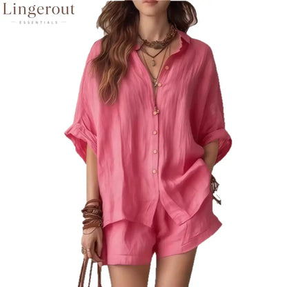 Oversized Linen Blend Button-Down Shirt & Shorts Set | Casual Breathable Two-Piece Outfit for Women
