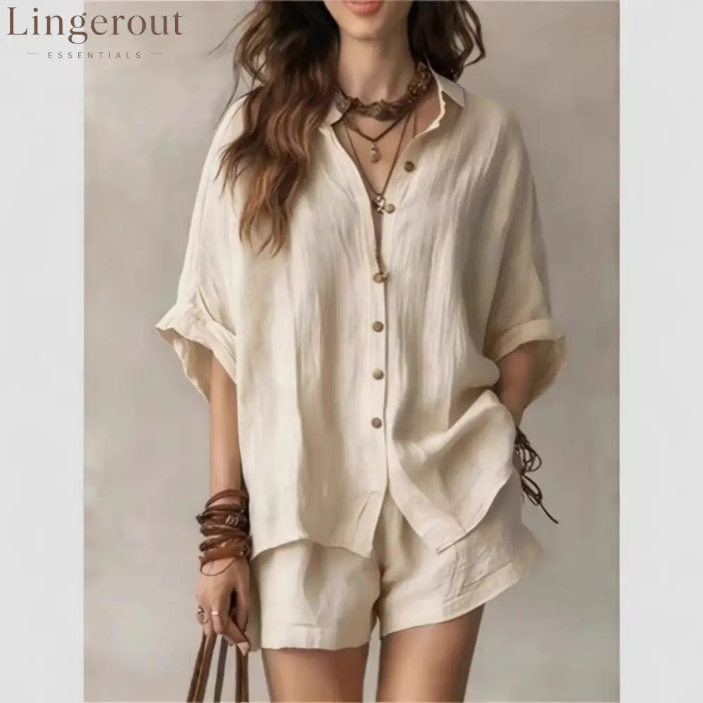 Oversized Linen Blend Button-Down Shirt & Shorts Set | Casual Breathable Two-Piece Outfit for Women - Apricot / S