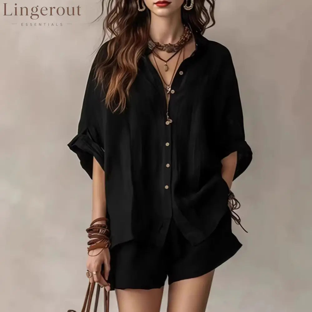 Oversized Linen Blend Button-Down Shirt & Shorts Set | Casual Breathable Two-Piece Outfit for Women - Black / S
