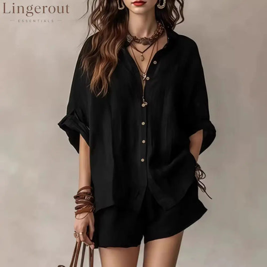 Oversized Linen Blend Button-Down Shirt & Shorts Set | Casual Breathable Two-Piece Outfit for Women - Black / S