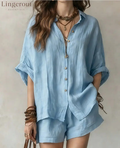 Oversized Linen Blend Button-Down Shirt & Shorts Set | Casual Breathable Two-Piece Outfit for Women - Blue / S