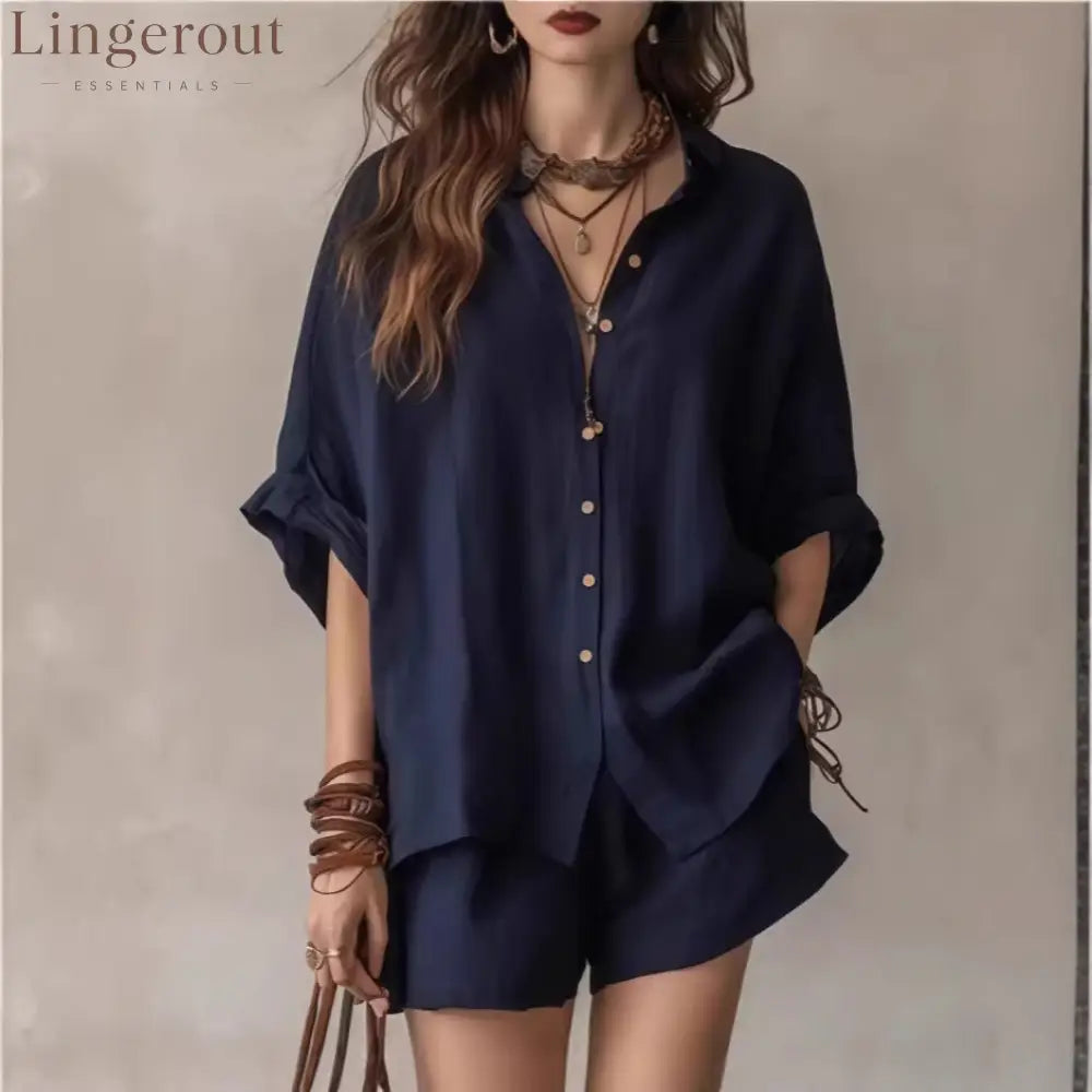 Oversized Linen Blend Button-Down Shirt & Shorts Set | Casual Breathable Two-Piece Outfit for Women - Navy blue / S