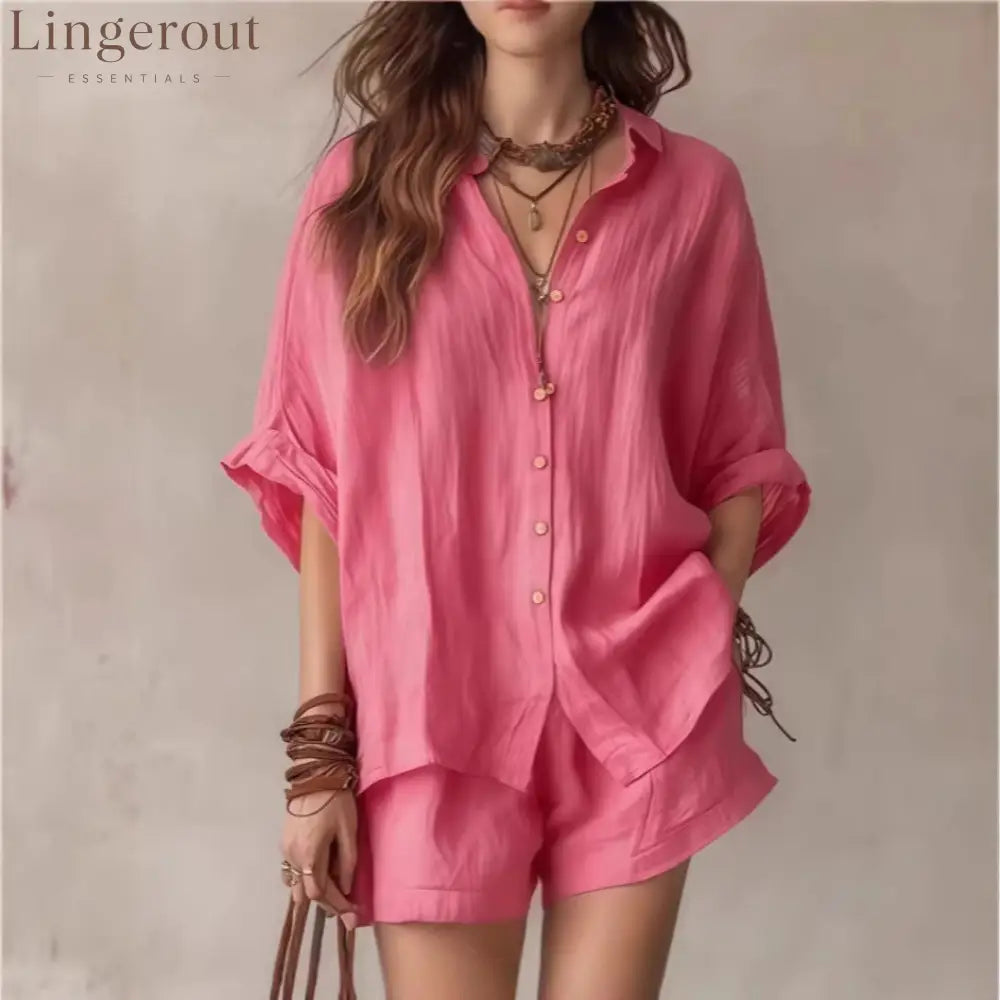 Oversized Linen Blend Button-Down Shirt & Shorts Set | Casual Breathable Two-Piece Outfit for Women - Pink / S