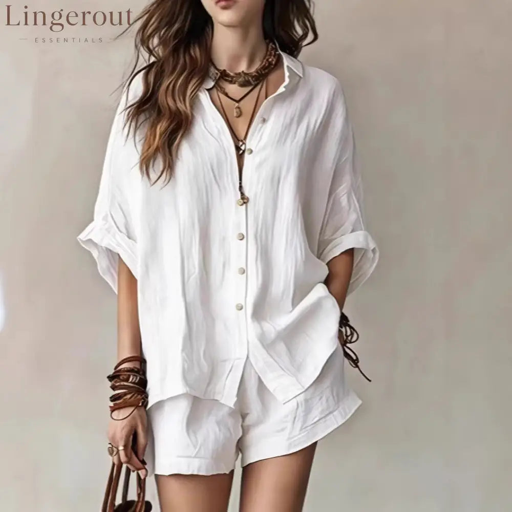 Oversized Linen Blend Button-Down Shirt & Shorts Set | Casual Breathable Two-Piece Outfit for Women - White / S