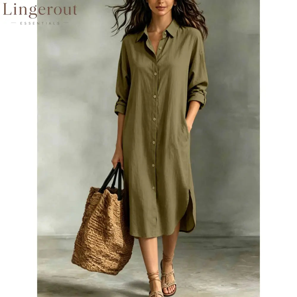 Oversized Linen‑Blend Shirt Midi Dress - army green / S