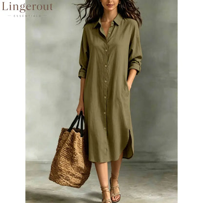 Oversized Linen‑Blend Shirt Midi Dress - army green / S